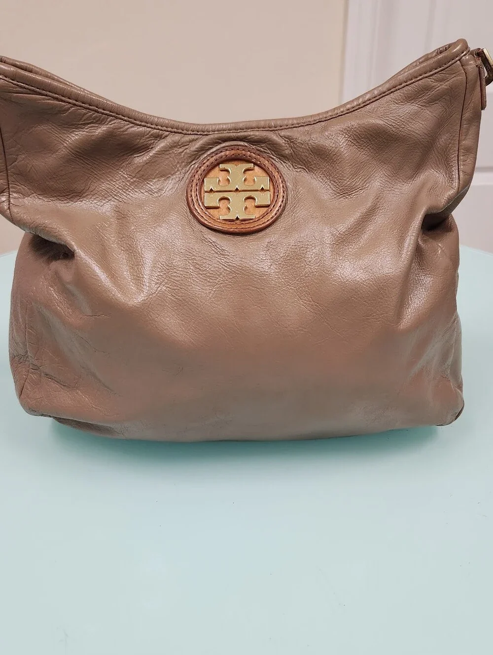 Tory Burch Taupe Brown Leather Shoulder Bag with Gold Logo